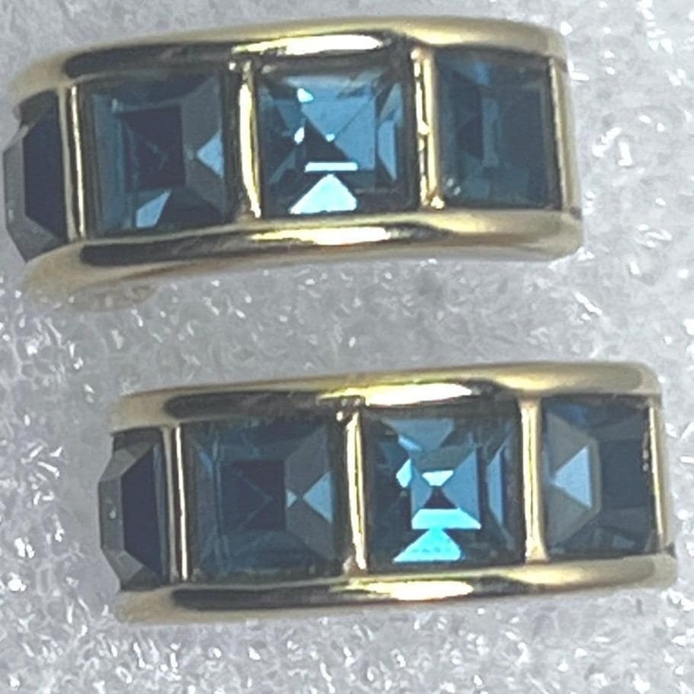 Vintage Swarovski Signed Crystal Earrings Dark Green Pierced Half Hoop Gold Tone